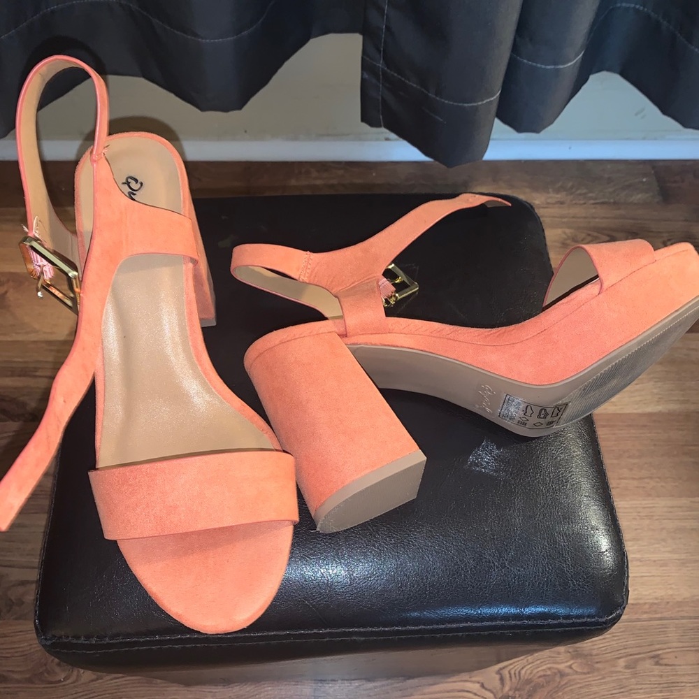 Coral suede ankle strap heel